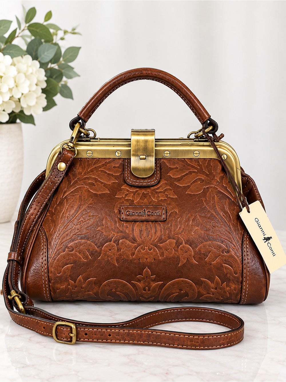Gianni Conti Italian Leather Embossed Frame Satchel Brown Crossbody